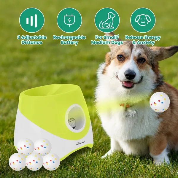 Automatic Dog Ball Launcher Rechargeable With 3 Adjustable Distance Settings (6m/10m/14m) 6Pcs 2.3in Balls
